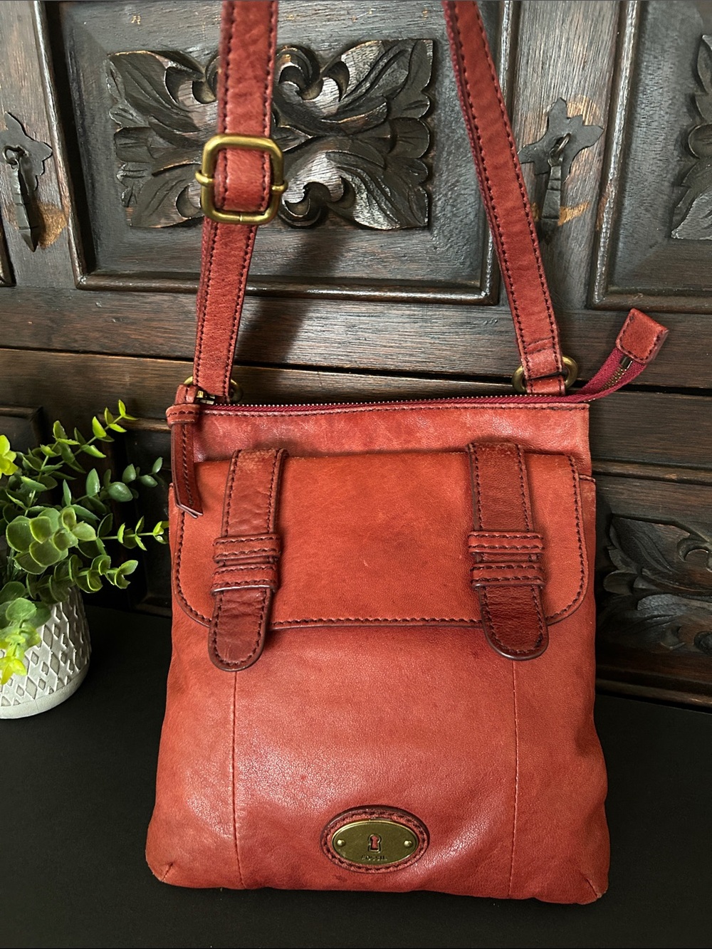 Fossil Red Leather Crossbody Bag with Brass Accent